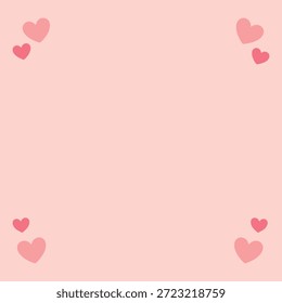 Weich rosa Hintergrund mit süßen Herz Ecke Ornamente. Rosa quadratischer Hintergrund für Social-Media-Beiträge mit Herzdekorationen. Leerer romantischer Rahmen für Zitate und Liebesnachrichten. Niedliche feminine Vorlage