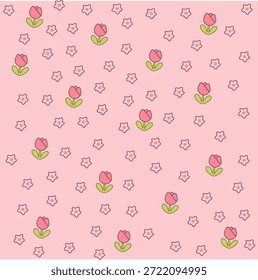 Soft pink background with cute tulip and star patterns, creating a sweet, playful, and cozy aesthetic.