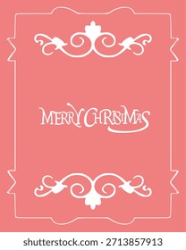 The soft pink background is decorated with elegant white scrollwork framing the image. The text Merry Christmas is centered within the decorative border.