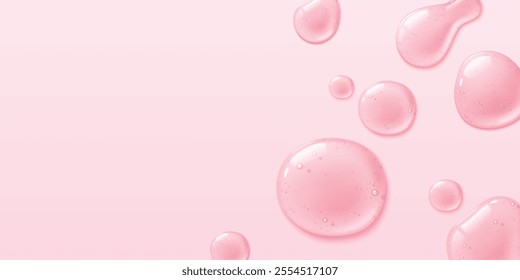 Soft pink background with glossy transparent jelly drops scattered across. Drops of various size and shape with air bubbles texture. Fresh delicate elegant border for beauty and skincare design.