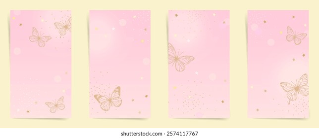 Soft pink background with gold butterfly pattern for elegant invitations and posts