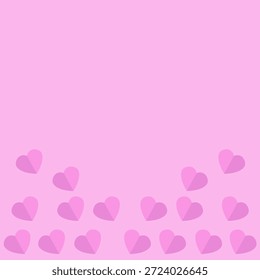 Weich rosa Hintergrund mit verstreuten geschichteten Herzen in warmen Tönen von Rosa. Verspielte und romantische Komposition, perfekt für Valentinstag-Karten, Liebesmotive und festliche digitale Dekoration.