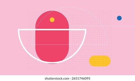 Fundo rosa suave com formas simples e contrastes brilhantes em vermelho e amarelo. Excelente para editorial moderno, marcas ou visuais divertidos de web design.