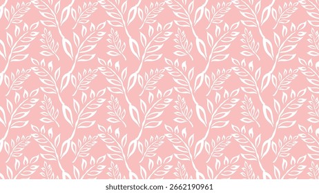 Weich rosafarbener Hintergrund mit weißen, blättrigen Reben bildet ein nahtloses, elegantes botanisches Muster, das schlanke Äste und stilisierte Blätter in einem klassischen, luftigen Design aufweist.