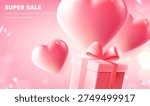 Soft pink balloons float gently above a wrapped gift. Heart-shaped balloons add a sweet, romantic feel. The gift box sits neatly, tied with a ribbon bow