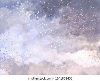 Soft pink and blue clouds design background. Glamour fairytale backdrop. Plane sky view with stars and sunset. Watercolor style texture, pastel colors. Vector illustration