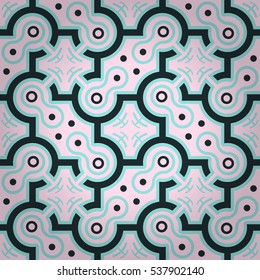 Soft pink and blue decorative seamless pattern in labyrinth style. Complicated puzzle repeatable backdrop. Shining, symmetrical design for game, fabric, web or other purpose. Vector background.