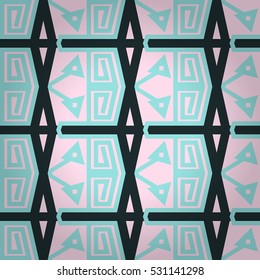 Soft pink and blue geometric seamless pattern background in savage tribes style. Complicated puzzle repeatable backdrop.