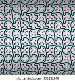 Soft pink and blue geometric seamless pattern in alien style. Vector background. Smooth puzzle repeatable backdrop. Retro decor.