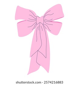 Soft pink bow features classic design with flowing ribbons. Ideal for decorating gifts, hair accessories, or event decorations, it adds charm and elegance. Hand drawn flat design vector illustration.