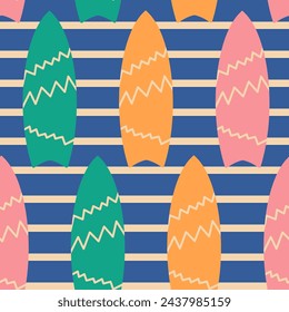 Soft pink bright bold orange and turquoise green surf board with zigzag on ocean blue with lines