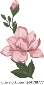 Soft pink camellia-style flower paired with a tender unopened bud, this hand-drawn element brings a romantic, graceful touch to any botanical collection.