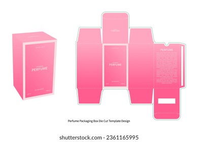 The soft pink color of this perfume packaging box design creates a feminine and romantic vibe, perfect for luxury perfume brands. It includes die cut, creasing lines, and a preview mockup