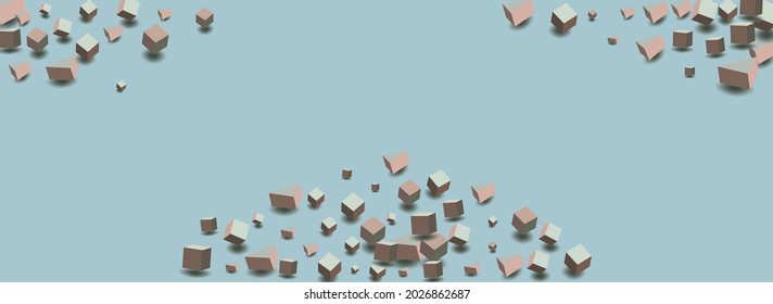 Soft Pink Confetti Vector Blue Background. 3d Brick Pattern. Pink and Gray Box Graphic Template. Perspective Element Paper.