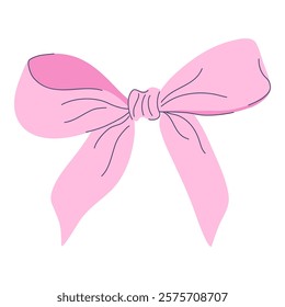 Soft pink coquette bow with flowing ribbons. Ideal for decorating gifts, hair accessories, or event decorations, it adds charm and elegance. Hand drawn flat design vector illustration. 