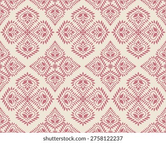 Soft pink damask pattern on a cream background, featuring symmetrical geometric floral motifs.