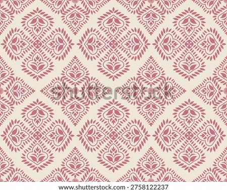 Soft pink damask pattern on a cream background, featuring symmetrical geometric floral motifs.