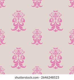 Soft Pink Damask Seamless Pattern on Light Beige Background
