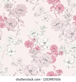 Soft pink delicate blooming hand drawn pencil line skecth seamless pattern vector design for fashion,fabric,web,card,wallpaper and all prints on light pink background colors