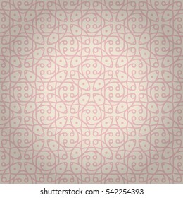 Soft pink fancy seamless pattern in carpet style. Colored, graphic design for web, packing-paper, ads or other purpose. Actual motif. Vector background. Clean puzzle repeatable backdrop.