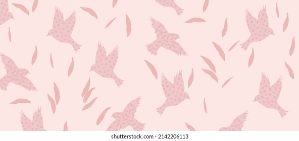 Weich rosa und weibliche Tierwelt mit Tauben. Fliegende Vögel und Blätter, Vektorgrafik-Design