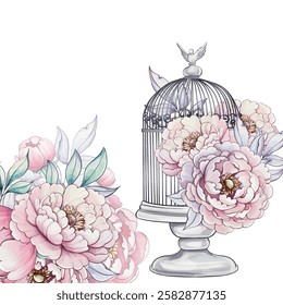 Soft pink flowers gracefully surround a vintage birdcage, while a delicate bird perches peacefully amidst tranquil colors template, background