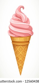 Soft pink fruit or berry ice cream in cone isolated on a white background