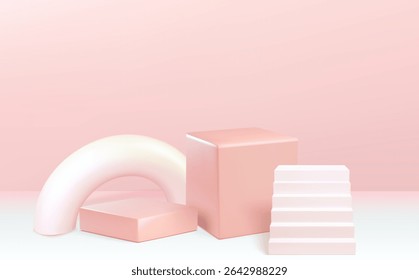 Soft pink geometric podium with stair shapes and cube platforms - minimal 3d display stages for beauty product photography, cosmetic branding showcase and feminine commercial presentation backdrop.