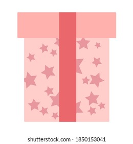 La caja de regalo rosa suave con estrellas lilas, cinta roja está aislada en un fondo blanco. 