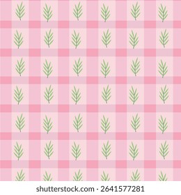 Soft pink gingham check combined with small green leaves