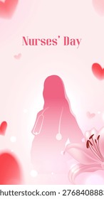 Soft pink glow surrounds a nurse's silhouette. Heart shapes float gently in the background. Delicate flower blooms at the image's base. Warm tones evoke care and appreciation