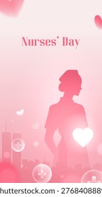 Soft pink glow surrounds a nurse's silhouette. Gentle hearts float nearby, symbolizing care and gratitude. The scene feels warm, heartfelt, and appreciative