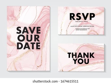 Soft pink gold wedding invitation, save the date liquid flow card, rsvp and thank you card design template. Alcohol ink abstract watercolor 2020 design