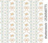 Soft pink and green coquette bows and ribbons seamless pattern. Vector floral grandmillennial vertical striped print, gentle cottagecore wallpaper, retro repeat background, bedroom decoration.