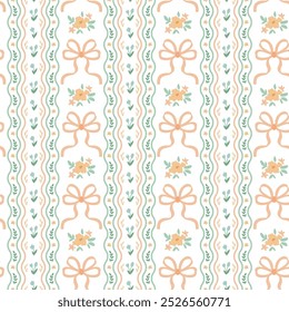 Soft pink and green coquette bows and ribbons seamless pattern. Vector floral grandmillennial vertical striped print, gentle cottagecore wallpaper, retro repeat background, bedroom decoration.