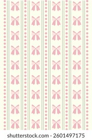 Soft pink and green coquette bows seamless pattern. Vector floral vertical striped print, gentle Cottagecore wallpaper, retro repeat background, bedroom decoration.