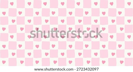 A soft pink hand drawn check pattern with heart details, created as a cute valentine background for fabric, stationery, gift wrap, and romantic designs.