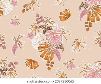 Plantas y hojas trópicas de verano estilosas de color rosa suave, ilustraciones vectoriales sin fisuras, Diseño de moda, tela, papel de pared, envoltura y todas las impresiones sobre el beige claro