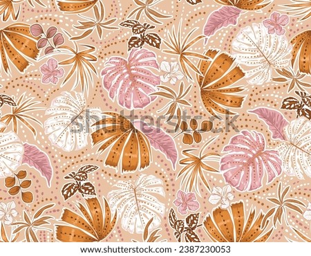 Soft pink Hand drawn Stylish Summer Tropical plants and leaves, seamless pattern vector illustrations , Design for fashion , fabric, textile, wallpaper , wrapping and all prints on light Beige