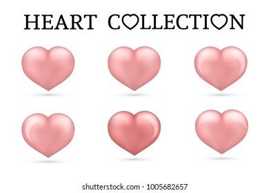 Soft pink heart collections. Set of six realistic hearts isolated on white background. 3d icons. Valentine's day vector illustration. Easy to edit design template for your artworks.
