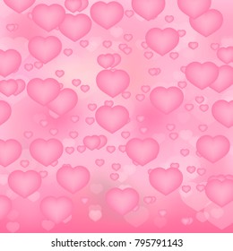 Soft pink hearts 3d background. Valentine’s day shiny greeting card. Romantic vector illustration. Easy to edit design template for your artworks.