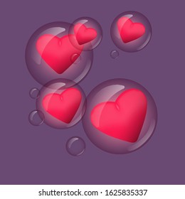 soft pink hearts in air bubbles on a purple background fly to congratulate you on Valentine's day