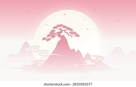 Soft pink hues glow behind a lone tree atop a mountain peak. Silhouettes of birds drift across the sky, adding serenity. Mountains fade into mist, evoking peace and quiet wonder