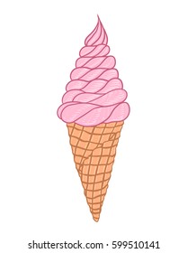 Soft pink ice cream in a waffle cone. Hand drawn doodle illustration in cartoon style