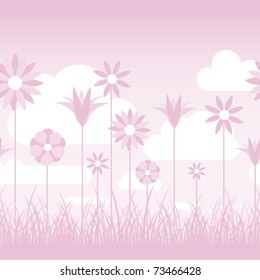 A soft pink illustration featuring flowers on stems in a grassy field. Seamlessly repeatable.