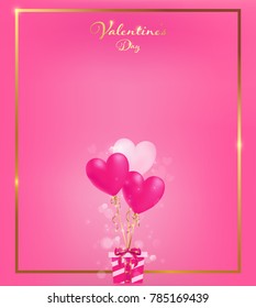 soft pink invitation card with gold border  and heart balloons tie to a gift box along with magic flares are dropping down,   artwork usage in advertising decorative or cerebrate invitation.
