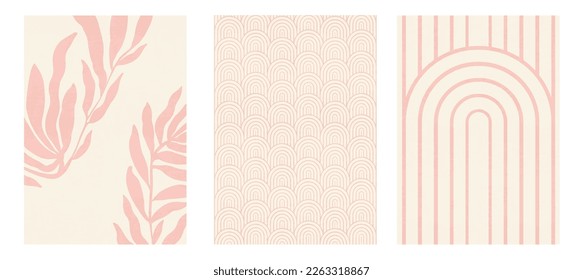 Soft pink invitation cards with beautiful pattern. Rainbows, branches with leaves and abstract shapes - design elements. Vector illustration