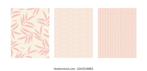 Soft pink invitation cards with beautiful pattern. Rainbows, branches with leaves and abstract shapes - design elements. Vector illustration