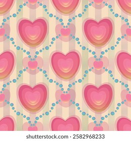 Soft pink layered gradient hearts on beige pastel vertical striped background, decorated with blue pearl beads.