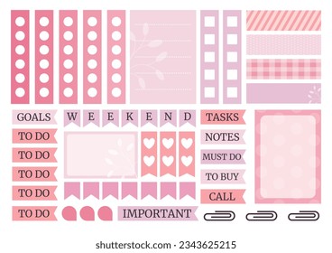 Soft pink and lilac colorful weekly planner stickers set for agenda, notebook, diary. A5 format. 